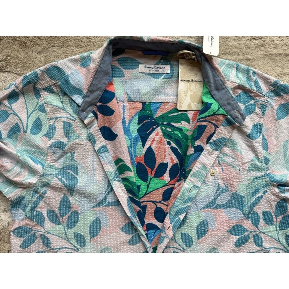 Tommy Bahama Mens XXL Seersucker Nova Wave Beach Day Blooms Camp Shirt Pink Pool - Picture 5 of 9